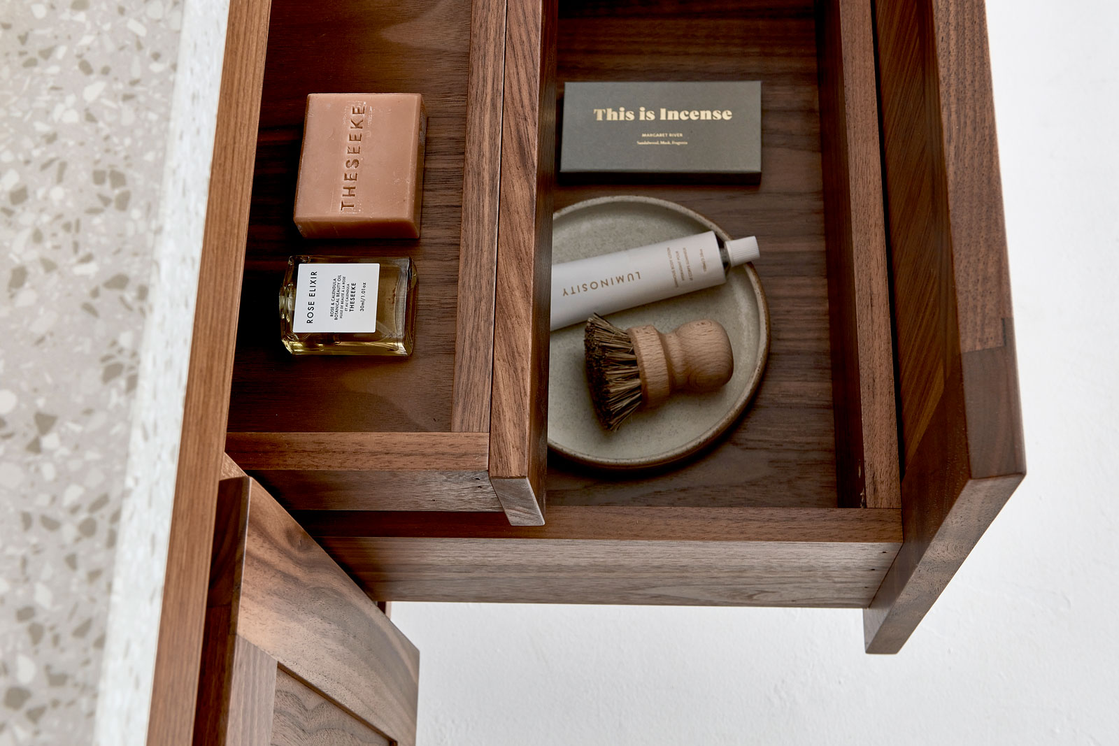 Walnut Furniture | Open vanity drawers