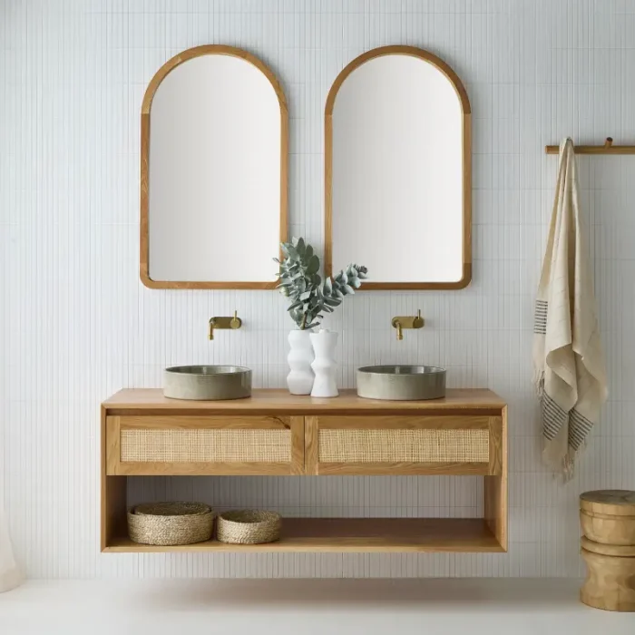 A coastal bathroom | Wall hung timber vanity Australian made. | Baxter vanity