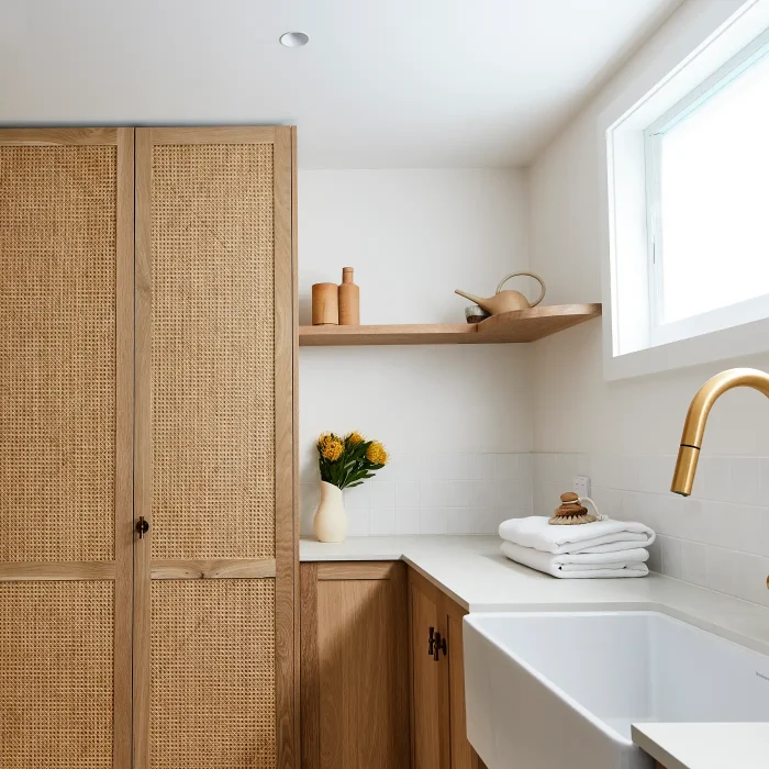 A kitchen with a tight rattan weave door profile from Loughlin Furniture