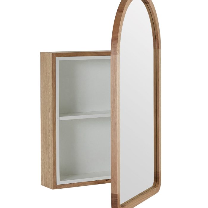 An Arched mirror bathroom cabinet open showing two shelves.