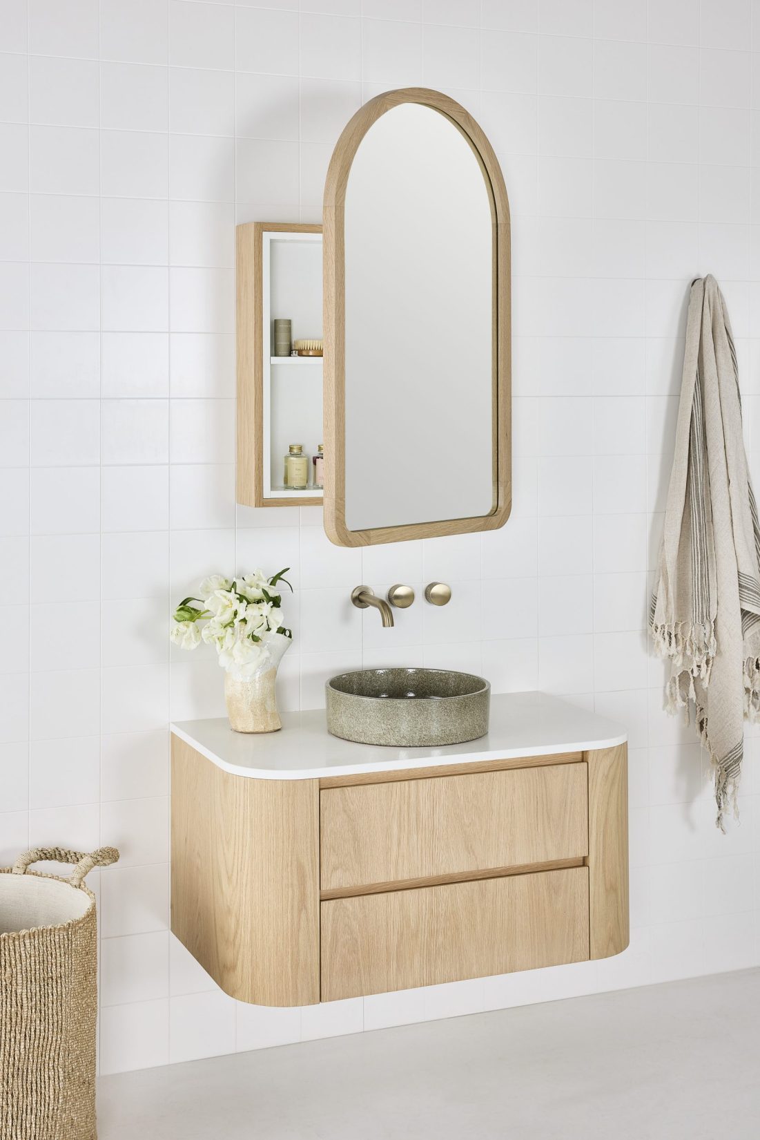 Alura Arch Mirror Cabinet & Evans Valley Vanity in America Oak Light