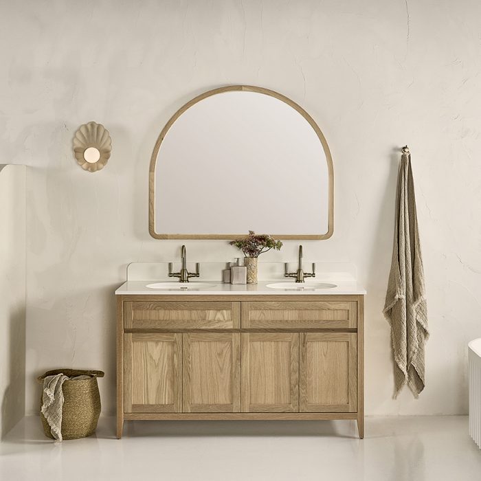 Freestanding timber vanity with two sinks, two drawers and four cupboard doors | Hamptons style bathroom