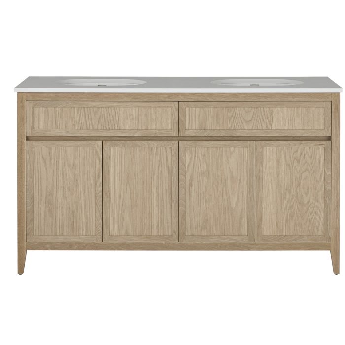 Freestanding timber vanity with two integrated sinks, two wide drawers and four cupboard doors | Hamptons style bathroom vanity