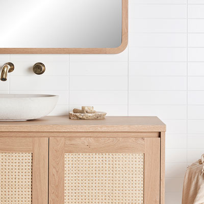 Timber bathroom vanity and mirror