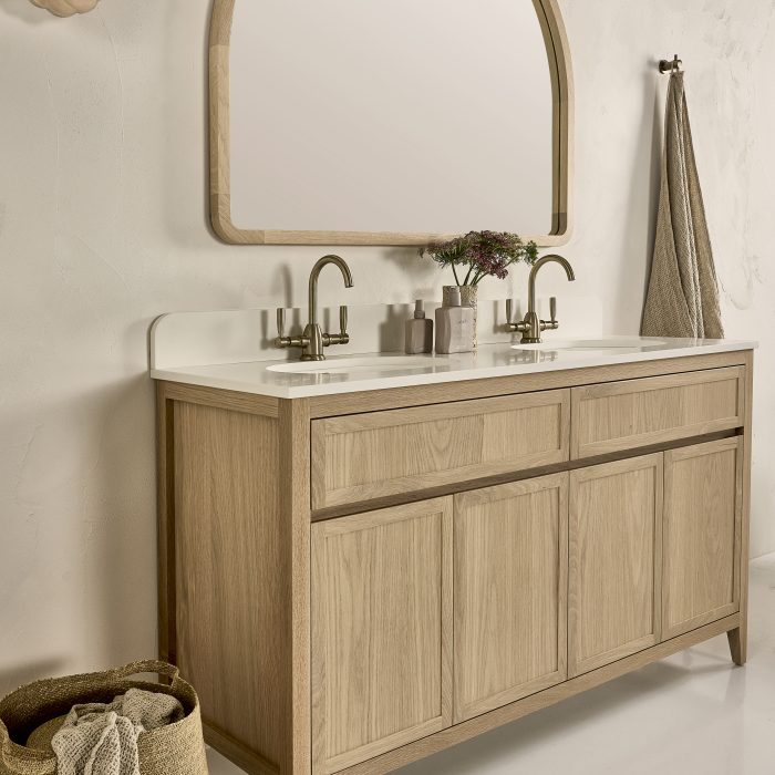 A timber vanity with Shaker style doors